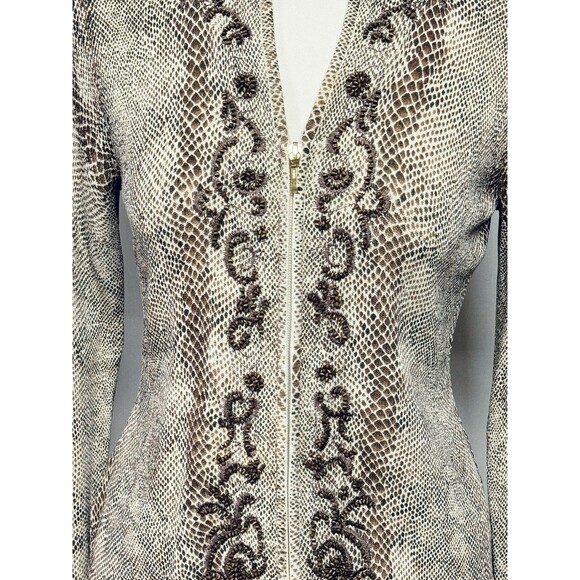 Bloomingdales Sweater Women's PS Petite Zip Up Cardigan Snakeskin Print w Beads - Picture 2 of 6